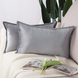 Madizz Pack of 2 Super Soft Velvet Decorative Cushion Covers with Fringe Luxury Style Cushion Case Pillow Shell for Sofa Bedroom Light Grey 12x20 inch, 30x50 cm Rectangular