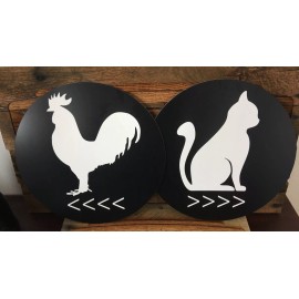 Maverick Advantage Cat & Rooster Bathroom Sign Set, Black/White, 12" Round Cat(RIGHT) Rooster(LEFT)