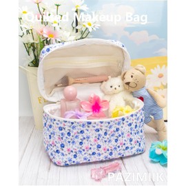 PAZIMIIK Quilted Makeup Bag Large Travel Zipper Soft Cosmetic Case for Women Girls Make Up,Floral Blue