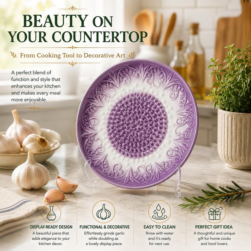 Ceramic Garlic Grater Plate Set with Rack & Cleaning Brush(Purple)