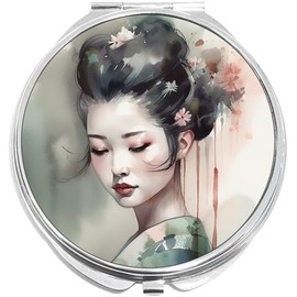 NewCharms Geisha Watercolor Compact with Mirrors - Perfect Pocket and Purse Size Folding Mirror for Applying Make Up Anywhere