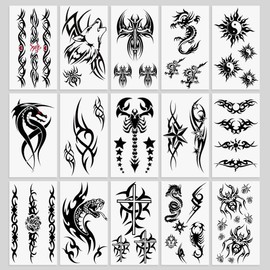 Oottati 15 Sheets Small Cute Hand Arm Temporary Tattoo Stickers Black Dragon Snake Star Cross Wolf Flower Scorpion Spider Totem
