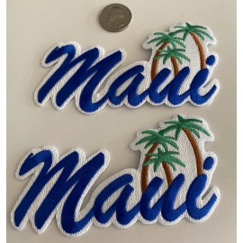 Unbranded (2) “MAUI" Embroidered Iron On Patches 5"x 2". Blue. Beautiful!