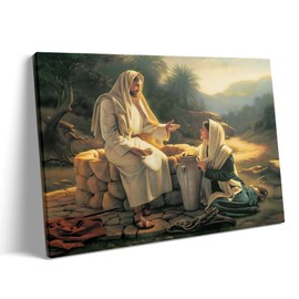 Jesus Canvas Wall Art Decor Framed Painting - Jesus with Samaritan Woman Biblical Scene, Religious Faith Picture Print, Christian Artwork for Living Room Bedroom Wall Decor 24X30 inch
