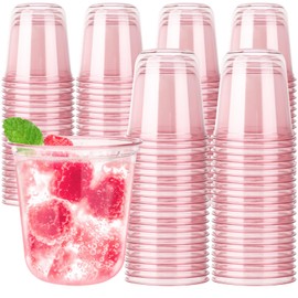 Xuelimei 100pcs 12oz Disposable Stemless Glasses,PET Disposable Drinking Cups,Cold Party Clear Plastic Wine Glasses for Parties Birthday,Wedding,Meeting,Christmas Party Supplies. (Pink)