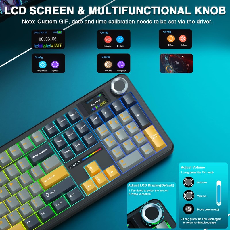 AULA F108 PRO - Wireless Mechanical Keyboard with Screen&Knob,Hot Swappable