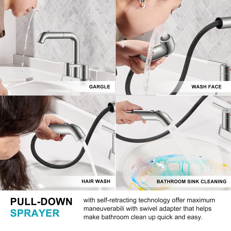 KENES Pull Down Bathroom Faucet with Sprayer, Brushed Nickel 4