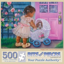 Bits and Pieces - 500 Piece Jigsaw Puzzle for Adults 18" x 24" - Puppy Love - 500 pc Cute Toddler Dog Carriage Flowers Jigsaw by Artist Tricia Reilly-Matthews