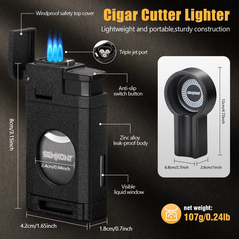 SEMKONT Triple Jet Flame Cigar Lighter with Cutter, Windproof Butane