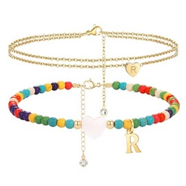 VANGOT 2Pcs Ankle Bracelets for Women Initial Beaded Gold Plated Boho Shell Layered Anklet Bracelets Summer Beach Chain Letter R