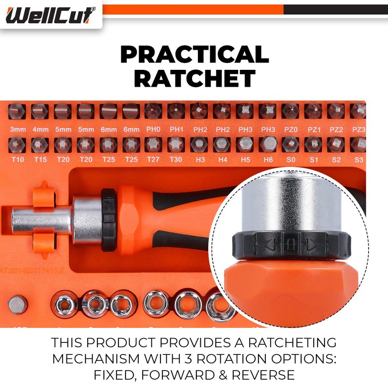 WELLCUT 44 pcs Universal Ratchet and Screwdriver Bit Set with