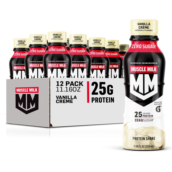 Muscle Milk Genuine Protein Shake, Vanilla Creme, 11.16 Fl Oz Bottle, 12 Pack, 25g Protein, Zero Sugar, Calcium, Vitamins A, C & D, 5g Fiber, Energizing Snack, Workout Recovery, Packaging May Vary