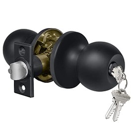 BESTTEN Keyed Entry Door Knob, Entrance Door Lock, Standard Ball, Removable Latch Plate, All Metal, Matte Black