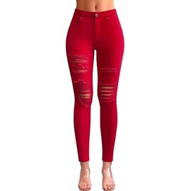 roswear Women's High Waisted Stretchy Skinny Jeans Ripped Curvy Jeans Leggings Red Small