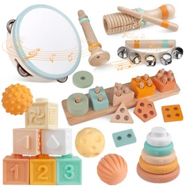 Musical Instruments Wooden Musical Toys for Toddlers 1-3 Year, Montessori Stacking Toys for Baby 6 to 12 Months, Percussion Instruments Music Toy Set for Kids (Neutral Colors)