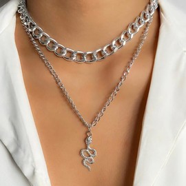 ZZ ZINFANDEL Punk Gold Snake Necklace Layered Choker Pendants for Women Snake Jewelry,Snake Chain Necklaces Chunky Snake Choker for Teen Girls Goth Accessories (Sliver)