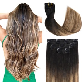 Sindra Clip in Hair Extensions - Balayage Natural Black Ombre Brown with Caramel Blonde Real Human Hair - 14 Inch 100g 6pcs Clip in Extensions