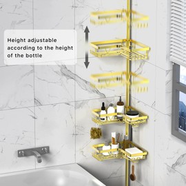 KEGII Corner Gold Shower Caddy Tension Pole - 4-Tier Rustproof Shower Rod Organizer, Floor to Ceiling Tension Rod 25-114.2 inch, Stainless Steel Corner Shower Shelf, Waterproof
