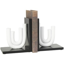CosmoLiving by Cosmopolitan Wooden Abstract Decorative Bookends Layered U-Shaped Non Skid Bookends with Black Stands, Set of 2 Office Bookends6 W, 7" H, White