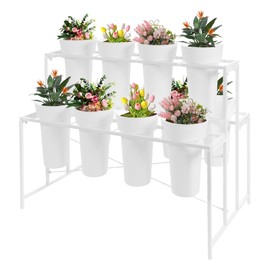 OUKANING 3-Tier Flower Display Stand with 12 Buckets, White X-shape Sturdy Flower Display Stand, Metal Plant Display Stand for Homes, Gardens, Florists and Other Event Decorations