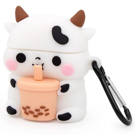 Mouzor Cute Airpods Case, Airpods 2 Case, Boba Tea Cow Funny 3D Cartoon Animal Case, Soft PVC Full Protection Shockproof Charging Case Cover with Carabiner for Airpods 1st generation, 2nd generation