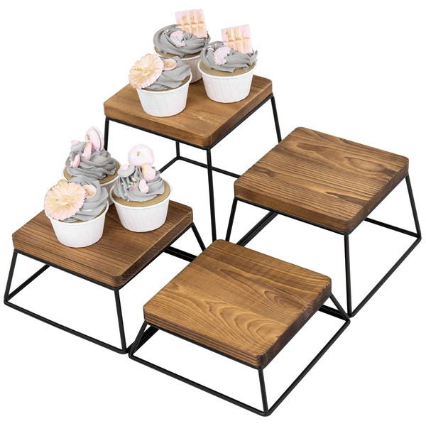 MyGift Burnt Wood & Black Metal Wire Square Retail Food Display Risers/Pizza Stands, Set of 4