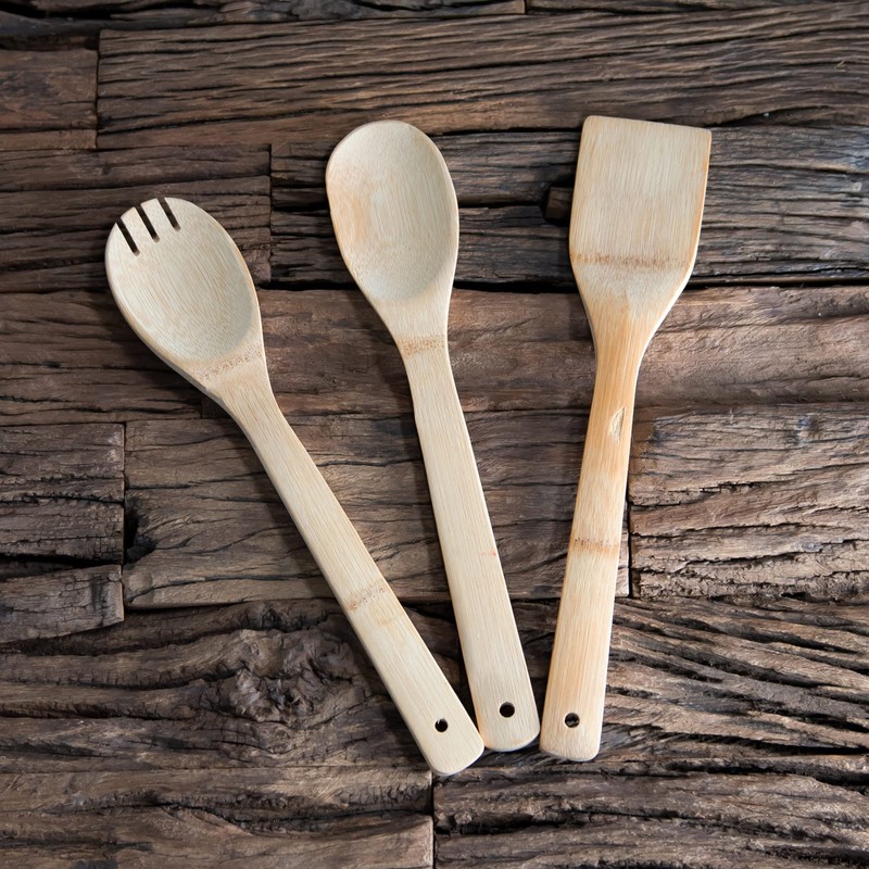 3 Piece Bamboo Wooden Kitchen Utensils Tools Set Spatula Fork
