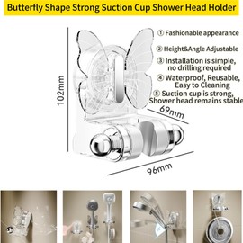 CHICHAUS Suction Cup Shower Head Holder Adjustable Height with 2 Hooks, Butterfly Shape Shower Head Holder Mounted at Various Heights Powerful Suction with No Need to Drill Holes