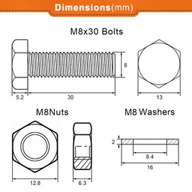 Drenky 10 Pcs Bolts and Nuts Washers, M8 Bolts and Nuts Set 304 Stainless Steel Hex Bolt and Nut M8 x 30mm Machine Screws and Nut