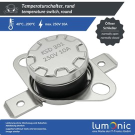 Lumonic KSD301 Round Temperature Switch, 200 °C ± 5 °C, Opener NC, Max. 250 V AC/10 A, Flat Plug, Diameter 15 x 12 mm, Thermal Switch, Bi-Metal, Coffee Machines, Irons, Ovens, Heaters