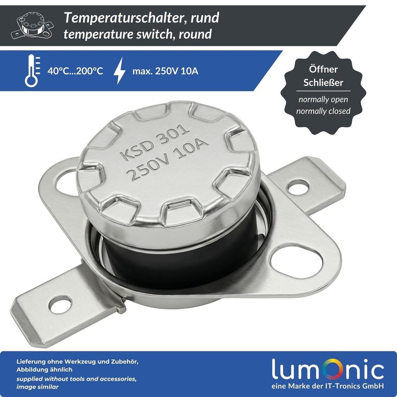 Lumonic KSD301 Round Temperature Switch, 200 °C ± 5 °C,