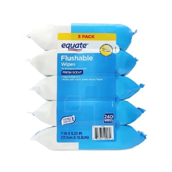 Equate Hypoallergenic Flushable Wet Wipes, Fresh Scent, 5-Pack (240 Total