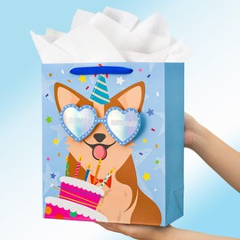 MAYPLUSS 13" Dog Gift Bags with Tissue Paper - Large Cute 3D Pets Puppy Dog Theme Birthday Gift Bags with Metallic Sunglasses Party Favor Bag for Puppy Lovers, Dog Moms, Kids Baby Shower