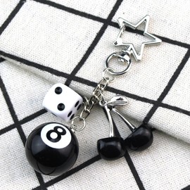 YURAOER Lucky Dice Cherry Magic 8 Ball Keychain Billiard Ball Star Cherry Bags Charms Cute Y2k Keychain for Women Men (black cherry+dice)