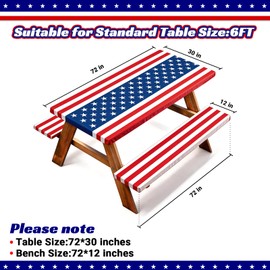 NUOLAN 6FT American Flag Picnic Table Cover with Bench Covers Set 250th Anniversary 4th of July Windproof Waterproof Fitted Tablecloth with Elastic for Patriotic Outdoor Decor Camping