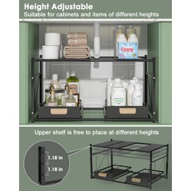 REALINN Extendable Under Sink Organizer, 2 Tier Expandable Under Cabinet Organizer Shelf with Height Adjustable, Retractable Cabinet Storage, Black