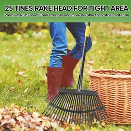 Coopvivi Garden Leaf Rakes, 6FT Rake for Lawns Heavy Duty 25 Metal Tines 18.5 inch Wide, Adjustable Steel Handle, Rakes for Leaves, Gathering Shrub, Grass, Flower Beds