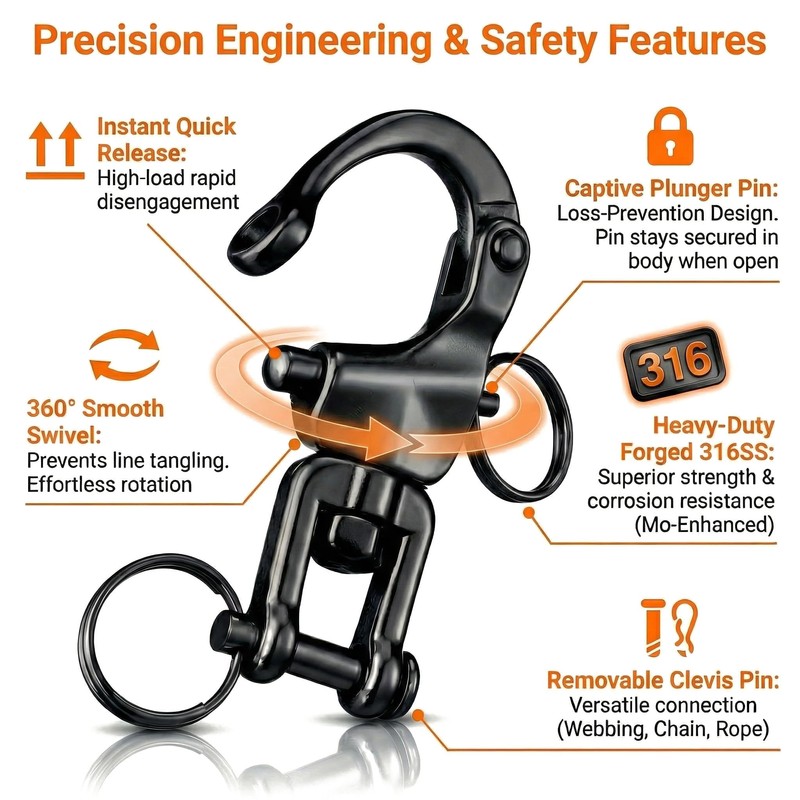 2-Pack 2-3/4" (70mm) Black Snap Shackle, Marine Grade 316 Stainless