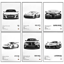 YHNDECO Pack of 6 Car Poster, 20 x 30 cm Wall Poster, Sports Car Poster, Without Frame, Wall Decoration for Bedroom, Office