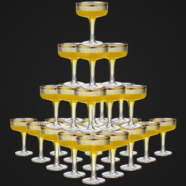 Acellegic Set of 24 Plastic Champagne Coupe Glasses 7 oz Gold Champagne Tower Set Unbreakable Plastic Ribbed Cocktail Glasses Acrylic Martini Coupe Cups or Wedding Birthday Party Bar