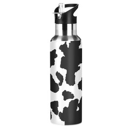 JUMBEAR Cow Patter Black White Print Water Bottle Acuum Insulated Stainless Steel Leakproof Wide Mouth Kettle with Straw Lid for Fitness Gym Outdoor Sports
