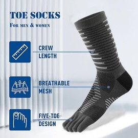 Fjquamitix Toe Socks for Men and Women High Performance CooLmax Running Athletic Five Finger Crew Socks for Outdoor Sports (UK, Alpha, L, Regular, Regular, Grey)
