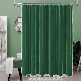 BTTN Boho Farmhouse Shower Curtain, Linen Rustic Weighted Striped Fabric with Tassel, Water Repellent, Bohemian Vintage Country Cloth for Bathroom, Emerald Green, 72x72