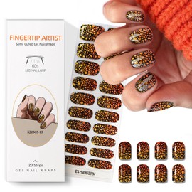 RUOKEXIN Semi Cured Gel Nail Strips Uv Nails Strip with Gold Sparkly Designs Long Lasting Chip Resistant Semi-Cured Gel Nail Strips Gels Nails Wraps for Women 20Pcs