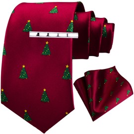 GUSLESON 3.15"（8cm） Christmas Tie Festival Necktie Pocket Square and Tie Clip Set with Gift Box, A-red/Christmas Tree, Large