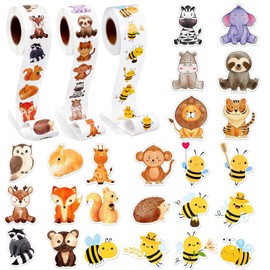 Animal Stickers 1500Pcs(3 Roll 2.5cm/1inch) Reward Stickers Honeybee Elephant Deer Owl Lion Tiger Zebra, etc Cartoon Teacher Motivational Sticker for Kids Party Decoration Children School Supplies