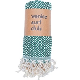 Venice Surf Club 100% Turkish Cotton Prewashed Soft Absorbent Peshtemal Lightweight Beach Towel and Throw (Green, Towel 40" x 70")