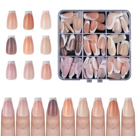 French Gel Nail Tips - 144pcs Medium Coffin Soft Gel Fake Nails, Pre-Primed with 3-in-1 X-coat, 15 Sizes for Effortless DIY Nail Extensions, No Need for Filing (YYNT-B-04) (YYNT-B-05, YYNT-B-05)