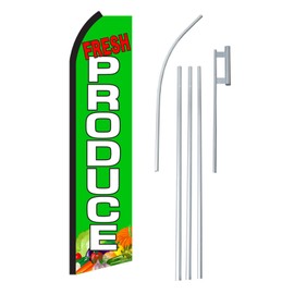 NEOPlex -"Fresh Produce" Complete Flag Kit - Includes 12' Swooper Feather Business Flag with 15-Foot Anodized Aluminum Flagpole and Ground Spike