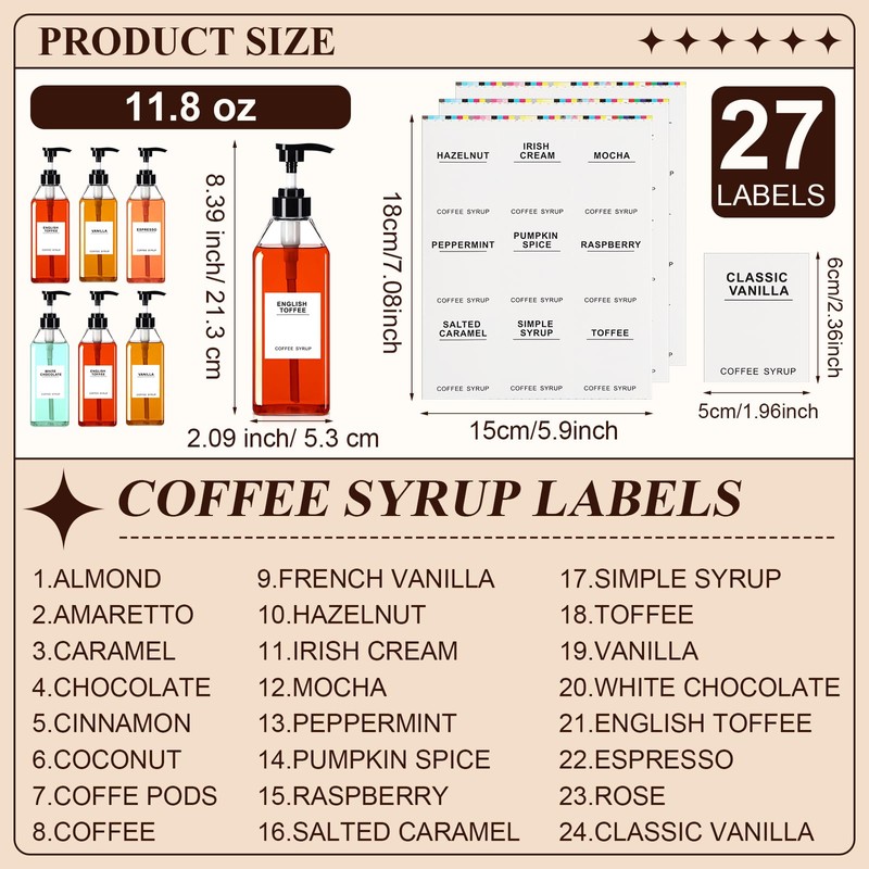Nuogo 6 Pcs Coffee Syrup Dispenser Bottles Set 750ml, 500ml,